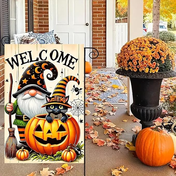 Halloween Garden Flag for Outside 12x18 Inch Double Sided, Gnome Pumpkin Small Yard Flags for Outside, Outdoor Welcome Flag Front Porch Decorations for Home