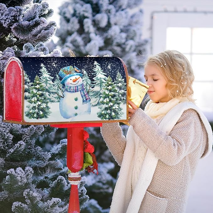 Winter Snowman Magnetic Mailbox Covers Large Size 25.5''x21'' Christma Snowy Pine Trees Forest Decorative Post Letter Box Cover Xmas Holiday Letterbox Wrap for Home Outdoor Garden