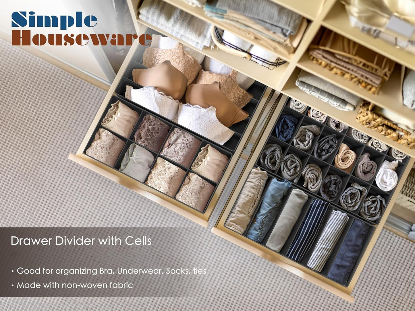 Simple Houseware 4-Pack Drawer Organizer Set - Closet Dividers for Underwear, Socks, Bras, Scarves, Ties - Foldable Non-Woven Storage Boxes, Dark Gray