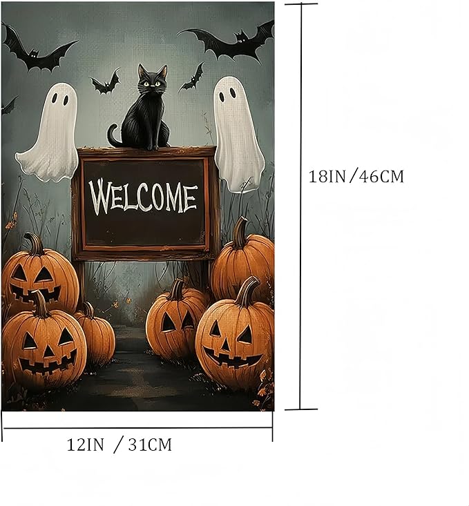 Halloween Garden Flag for Outside 12x18 Inch Double Sided, Pumpkin Ghost Cat Small Yard Flags for Outside, Outdoor Welcome Flag Front Porch Decorations for Home