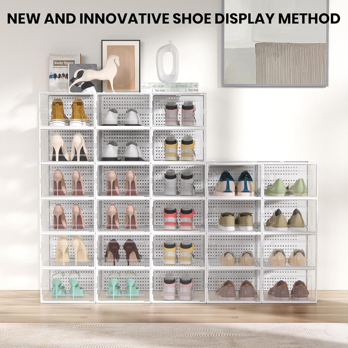 12 Pack XX-Large Modular Clear Plastic Stackable Shoe Storage Organizer for Closet, Space Saving Versatile Sneaker Shoe Rack Containers Bins Holders, Portable Closet Organizers and Storage, White