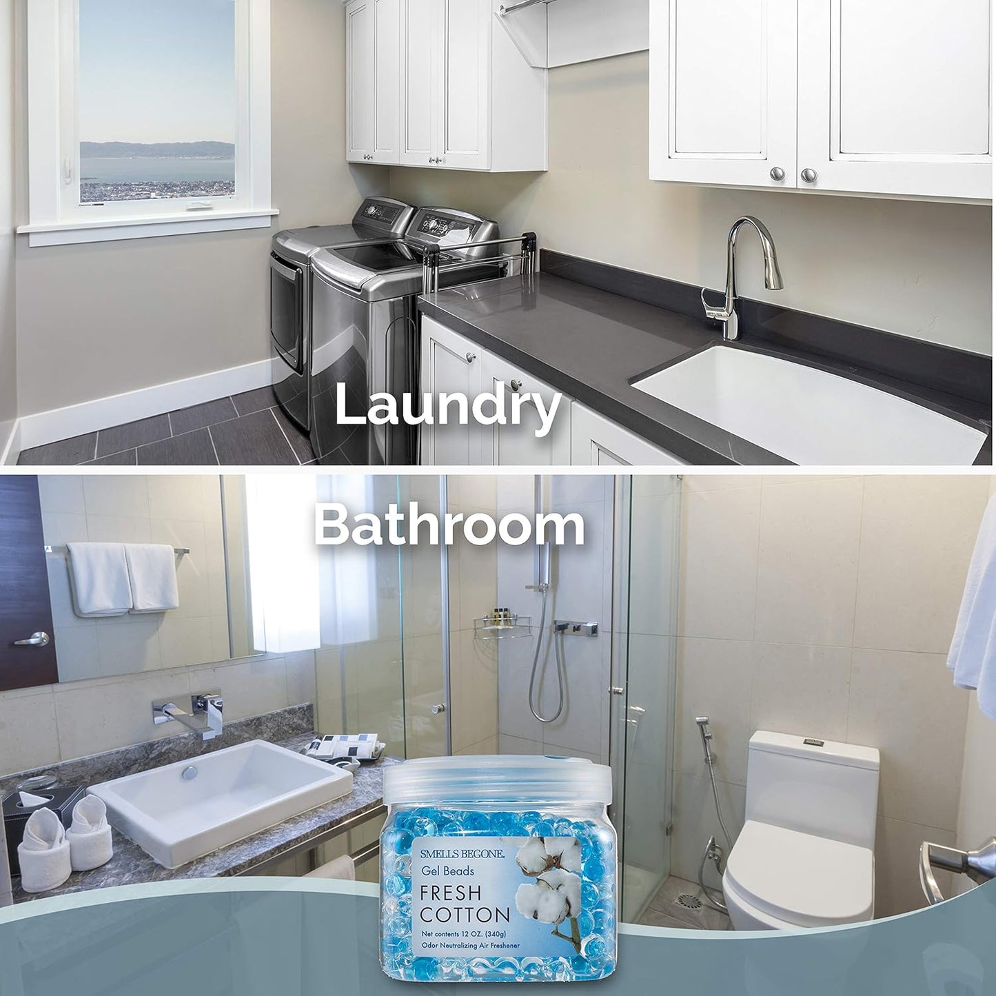 SMELLS BEGONE Odor Eliminator Gel Beads - 12 oz, Pack of 2 - Eliminates Odor in Bathrooms, Cars, Boats, RVs & Pet Areas - Air Freshener - Made with Essential Oils - Fresh Cotton Scent