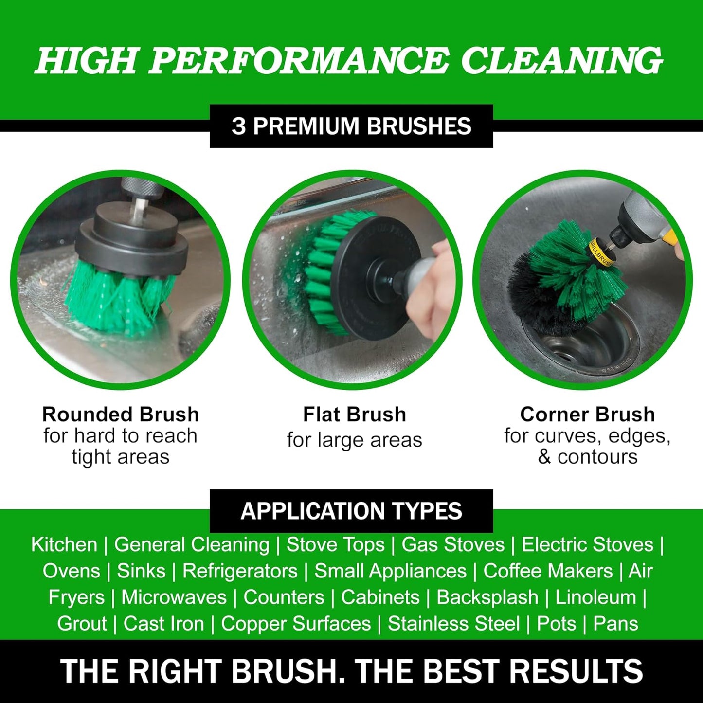 Drillbrush Green Kitchen Drill Brush Set – Drill Powered Cleaning Tools for Stainless Steel Sink, Copper Sink, Stove Top, Oven, Air Fryer & Cabinets – Must-Have Kitchen Accessories for Fast Cleaning