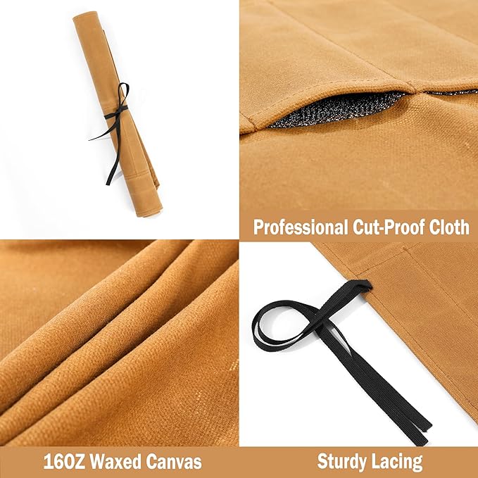 Knife Roll Bags, 16oz Waxed Canvas Knife Holder (5 Slots & Specialized Anti Cutting Fabric), Multi-Purpose Knife Pouch with Tie Rope, Khaki