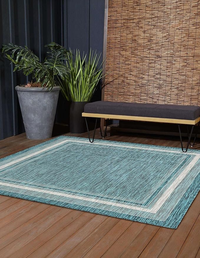 Unique Loom Outdoor Border Collection Area Rug - Soft Border (5' 1" Square, Teal/ Ivory)
