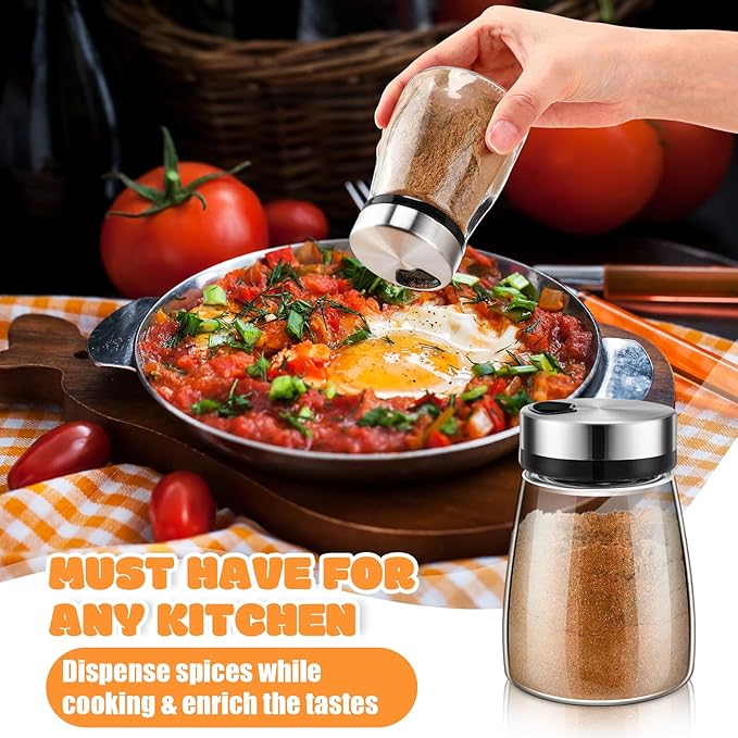 Zhehao 6 Pcs Salt Pepper Shakers Set with Adjustable Pour Holes Stainless Steel Spice Dispenser 6oz Clear Glass Seasoning Containers for Kitchen Restaurant Home BBQ Camping Farmhouse Accessories