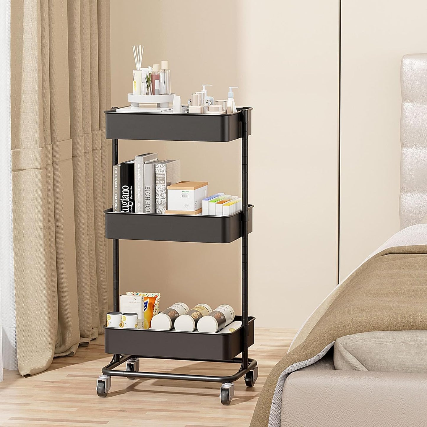 3 Tier Modern Metal Rolling Tool Cart with Silent Casters, 17.72×12.40×35.04 inch Heavy Duty Organization Truck Trolley Organizer for Office, Living Room, Kitchen, (Black)