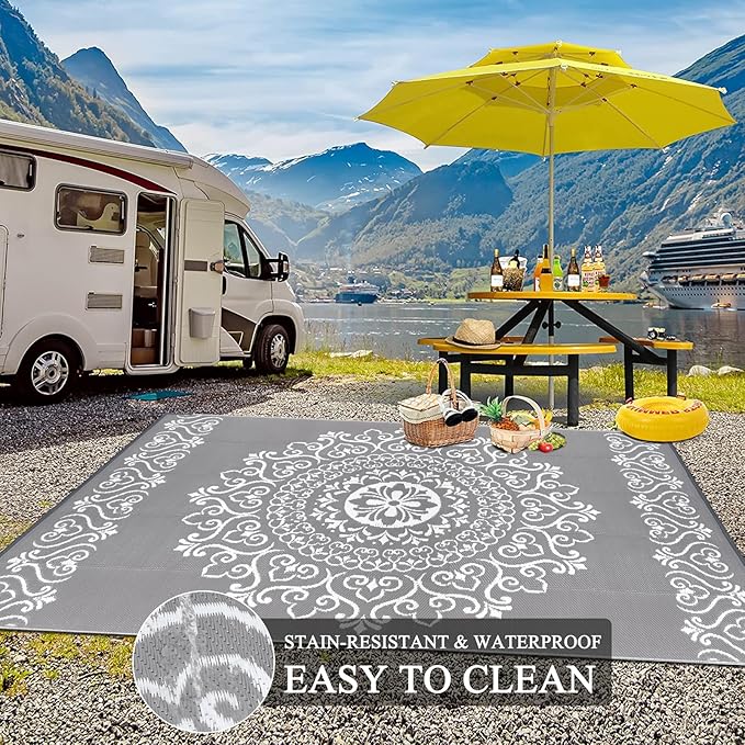 Pauwer Waterproof Outdoor Rug 6x9, Reversible Plastic Straw Patio Camping Rug, Indoor Outdoor RV Mat Carpet for Deck, Camper, Porch, Balcony, Backyard, Picnic, Floral Grey