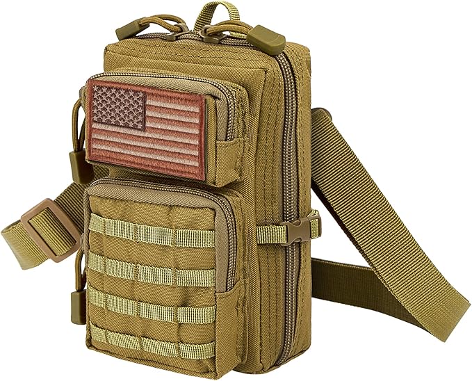 bvya Tactical Molle EDC Utility Pouch Compact Tool Pouch Mini Waist Bag Crossbody Backpack-Design Phone Pouch with Shoulder Strap Flag Patch and D-Rings