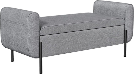 SONGMICS Storage Bench with Armrests, Ottoman for Living Room, Bedroom, Entryway, Steel Legs, Light Gray ULOM072G02
