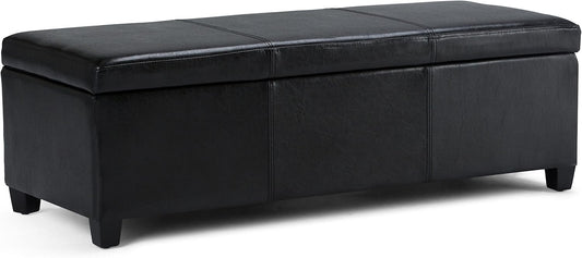 SIMPLIHOME Avalon 48 inch Wide Contemporary Rectangle Storage Ottoman Bench in Midnight Black Vegan Faux Leather, Assembled, for the Living Room, Entryway and Family Room