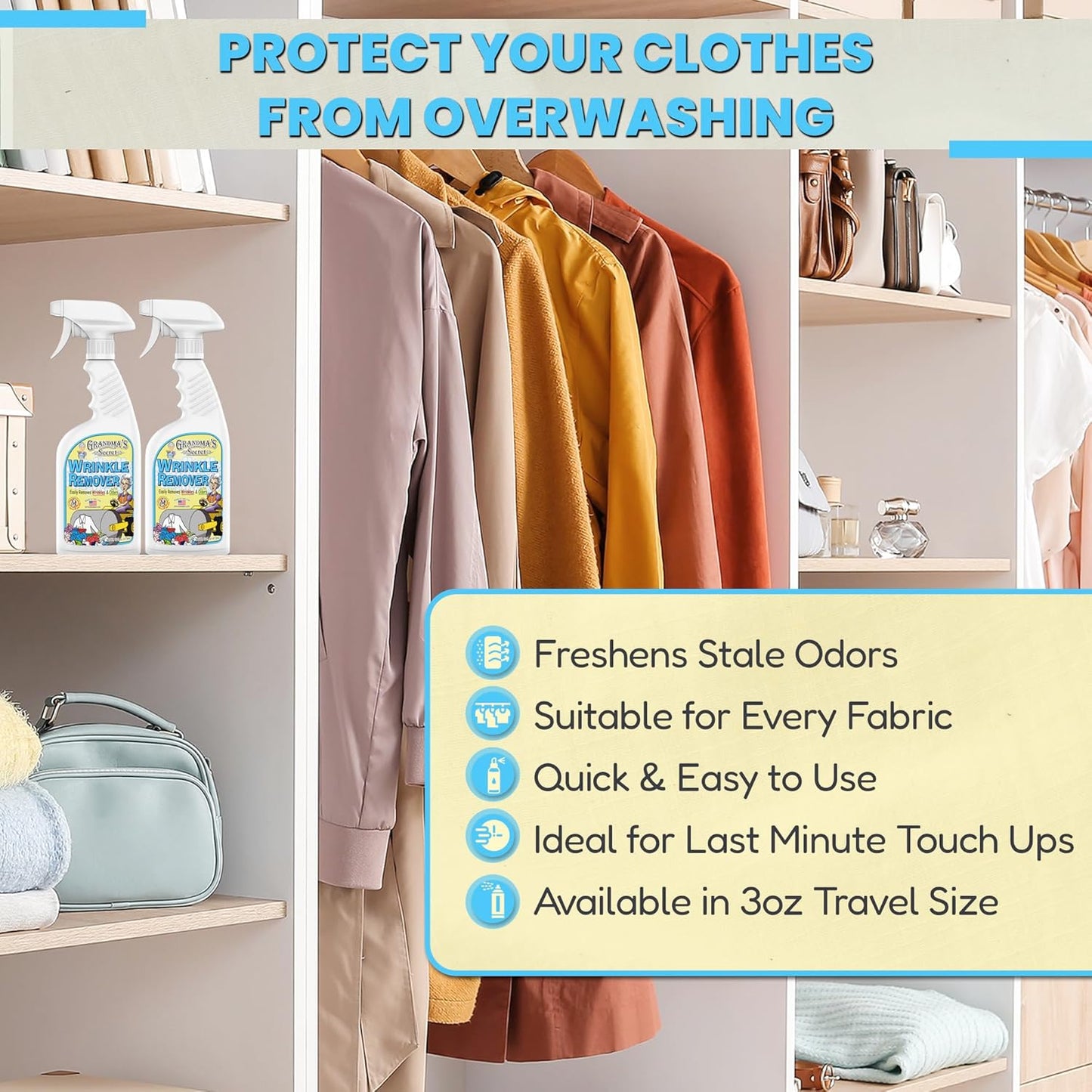 Grandma's Secret Wrinkle Remover Spray - Easily Removes Wrinkles & Odors - Wrinkle Release, Fabric Refresher Spray, Chlorine, Bleach and Toxin-Free - 16 Fl Oz (Pack of 2)