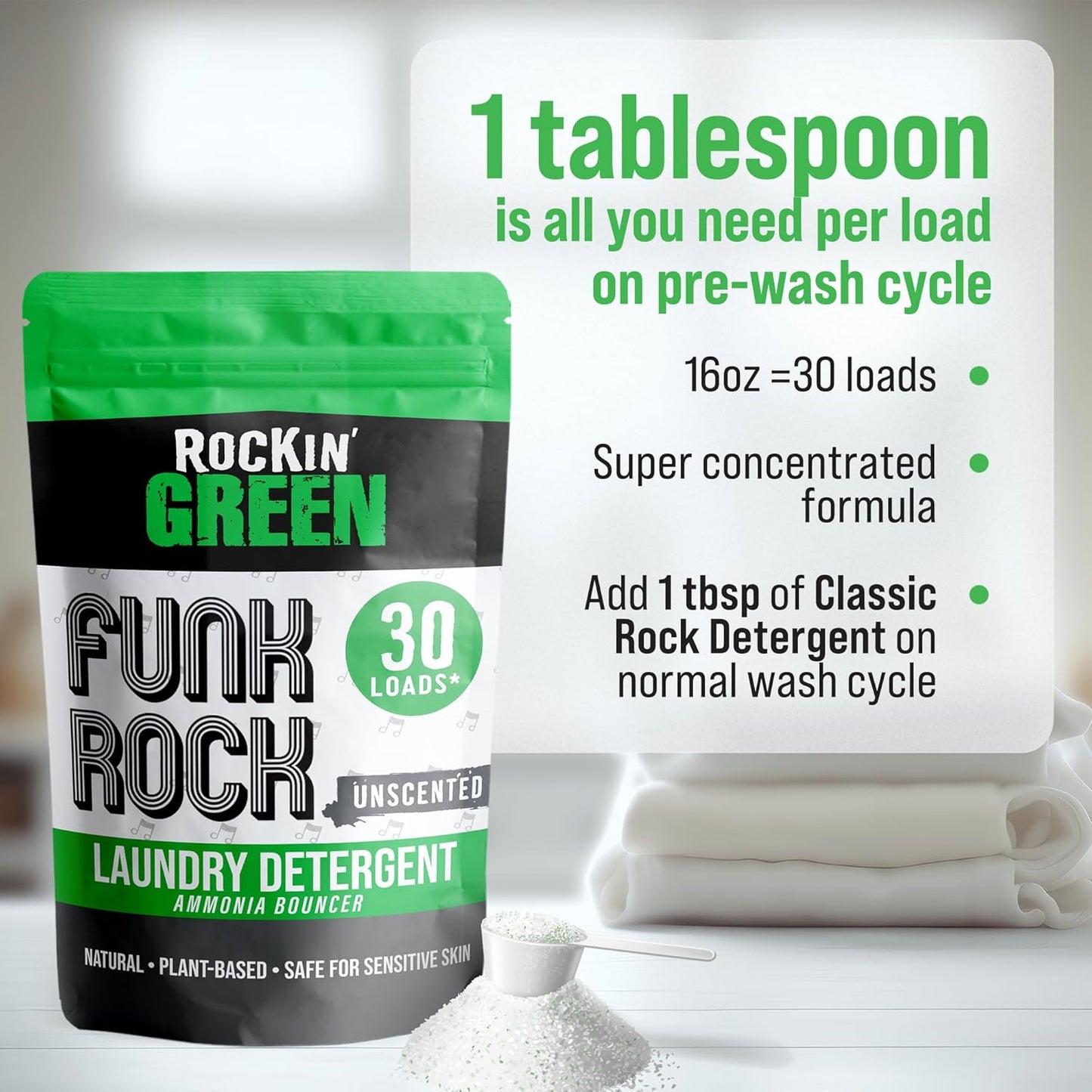 Rockin' Green Laundry Detergent, Plant based, All Natural Laundry Detergent Powder, Vegan and Biodegradable Odor Fighter, Safe for Sensitive Skin (Funk Rock Ammonia Bouncer 30 Loads - Unscented)