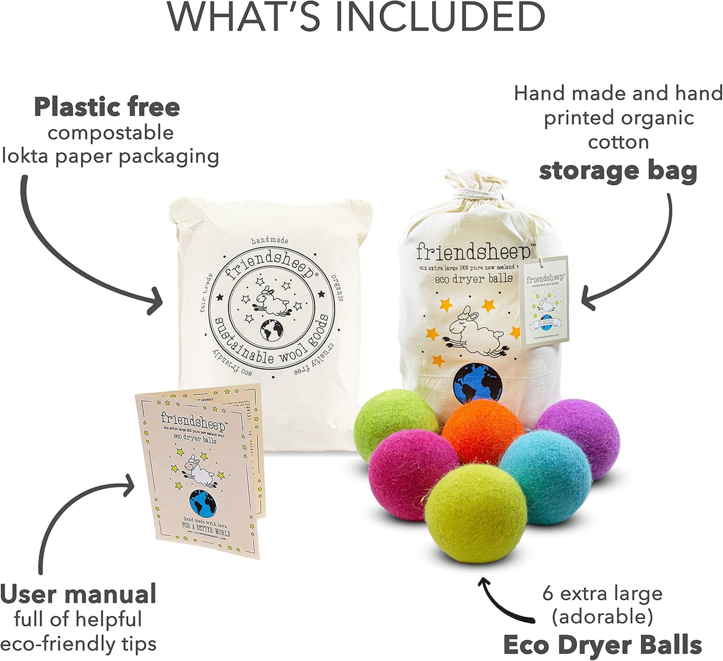 Friendsheep Wool Dryer Balls 6 Pack XL Organic Premium Reusable Cruelty Free Handmade Fair Trade No Lint Fabric Softener Color - Rainbow Blast