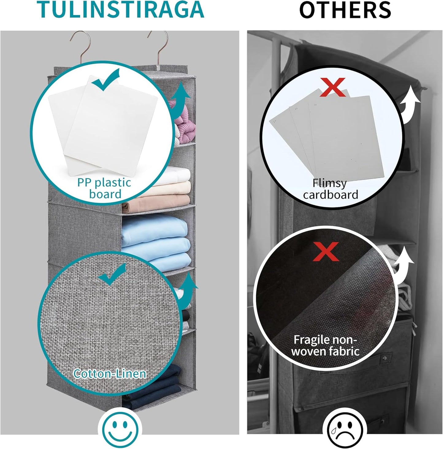 Large Hanging Sweater Organizer for Closet,Collapsible 6-Shelf Hanging Closet Shelves with Drawers, Washable (Grey-6 Shelf-1 d)