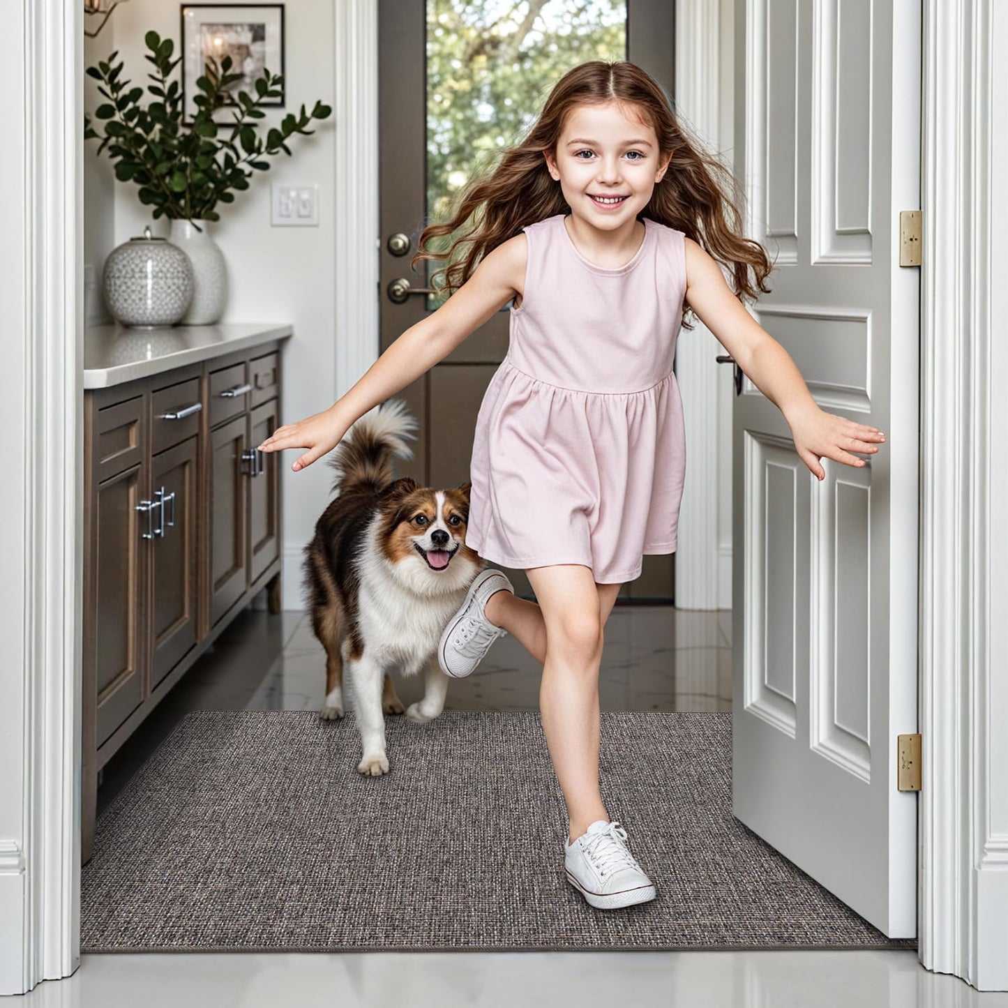 LUMI Large Indoor Door Mat, 36"x56" Non Slip Rubber Backing Entrance, Easy Clean Low Profile Ultra Thin Entryway for Inside House, Brown