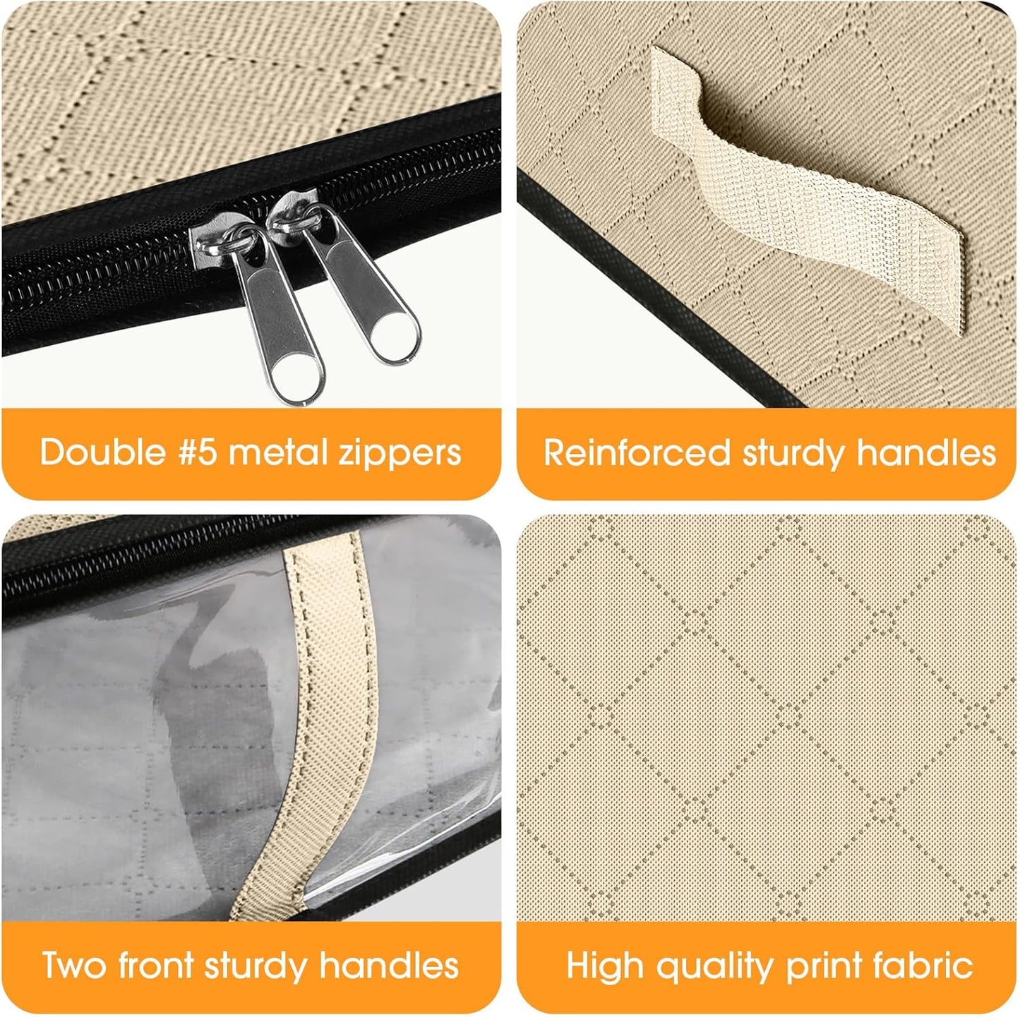 StorageRight Under Bed Storage Bins, 4-Pack 40L Foldable Fabric Storage Bags with Transparent Window, Breathable Organizer for Clothes/Blanket/Comforter/Quilts,Beige