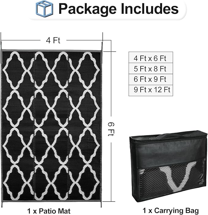 OutdoorLines Outdoor Plastic Area Rugs for Patio 4x6 ft - Reversible Outside Carpet, Stain & UV Resistant RV Mats, Straw Rug for Camping, Deck Garden, Porch and Balcony, Moroccan Black & Light Grey