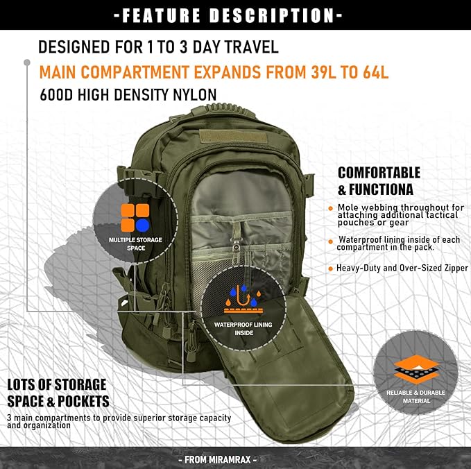 Tactical Backpack Military Army Daypack - Assault Pack for Men Molle Backpacks Bug Out Bag 3 Day Pack for Hiking Camping Travel Hunting Rucksack Trekking Green