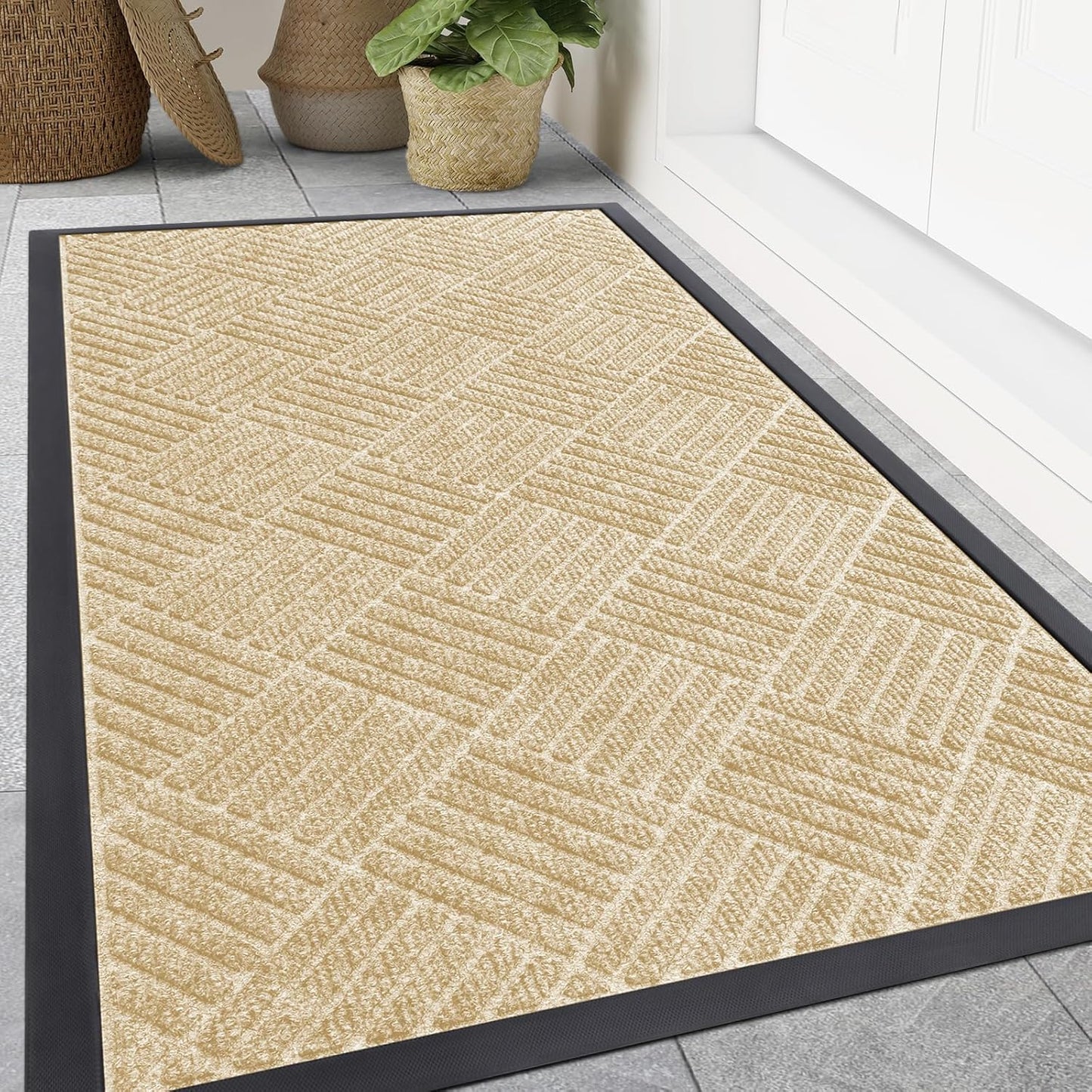 Smiry Front Door Mat Outside Entrance, Heavy Duty Outdoor Indoor Natural Rubber Doormat, Non Slip, Trap Dirt and Moisture, Easy Clean, Low Profile Patio Porch Entryway Mat, 47x32, Beige