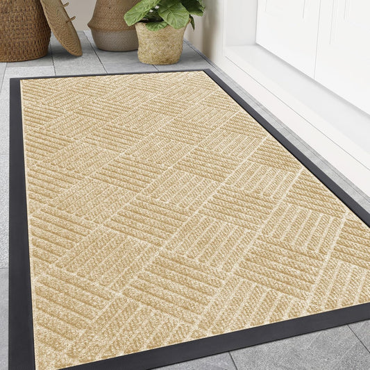 Smiry Front Door Mat Outside Entrance, Heavy Duty Outdoor Indoor Natural Rubber Doormat, Non Slip, Trap Dirt and Moisture, Easy Clean, Low Profile Patio Porch Entryway Mat, 71x47, Beige