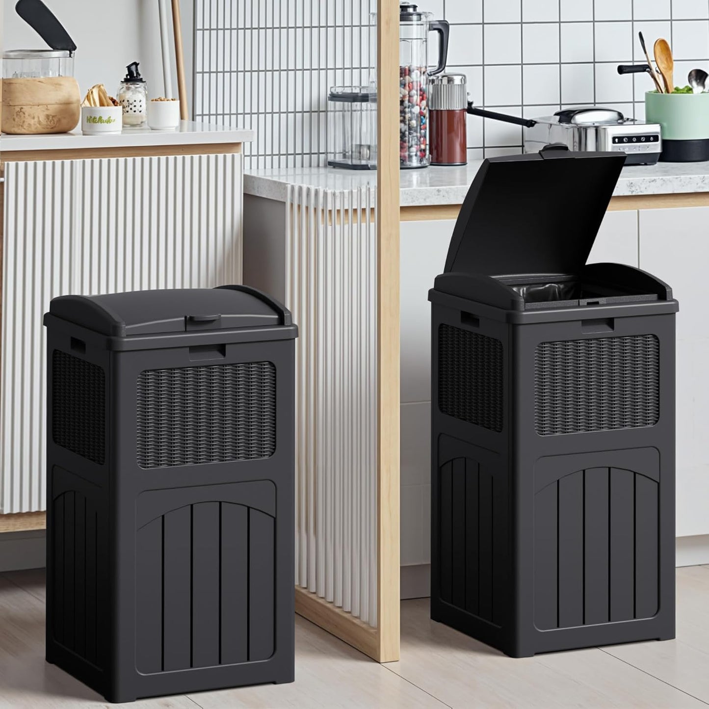 Devoko 33 Gallon Outdoor Trash Can with Dual Lid, Heavy Duty Waterproof Resin Garbage Bins Outside, Hideaway Waste Bins for Patio, Outside Pool, Backyard and Deck (2, Black)