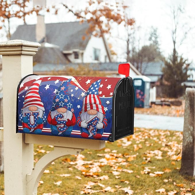 Patriotic Gnomes USA Flag Mailbox Cover Magnetic Independence Day July 4th Mailbox Covers Standard 21" x18’’ Happy Holiday Waterproof Post Box Cover Wraps for Outdoor Garden Yard Home Decor