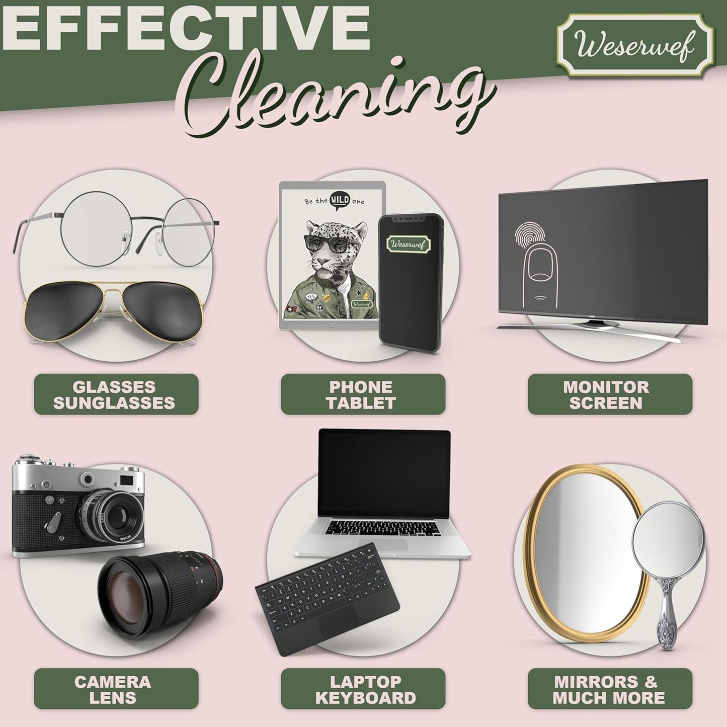 WESERWEF Design Microfiber Glasses Cleaning Cloth – Premium Cleaning Cloth for Eyeglasses, Screens, Tablets, Cameras & Lenses, 12" x 12", Ultra-Soft & Scratch-Free (Wild one)