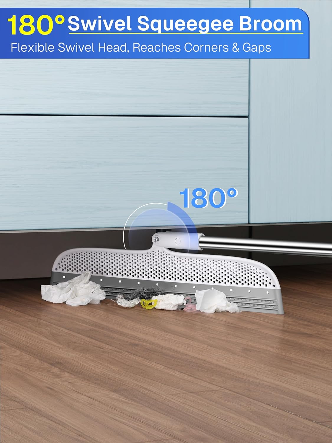 Silicone Floor Squeegee & Broom – Long Handle Hair Remover for Water, Pet Hair – for Bathroom, Tile, Concrete, Garage, Deck, Glass – Indoor Outdoor Cleaning Tool – White (15.7 inch)