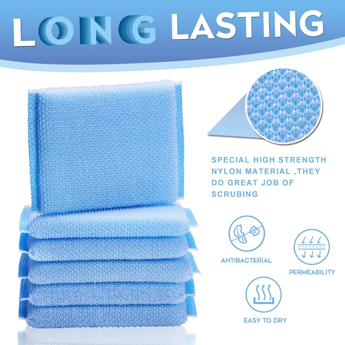 Nylon Cleaning Scrub Pad 12 Pack,Long-Lasting and Reusable Dishwashing Sponge,All-Purpose Scouring Pads Sponge for Kitchen,Bathroom