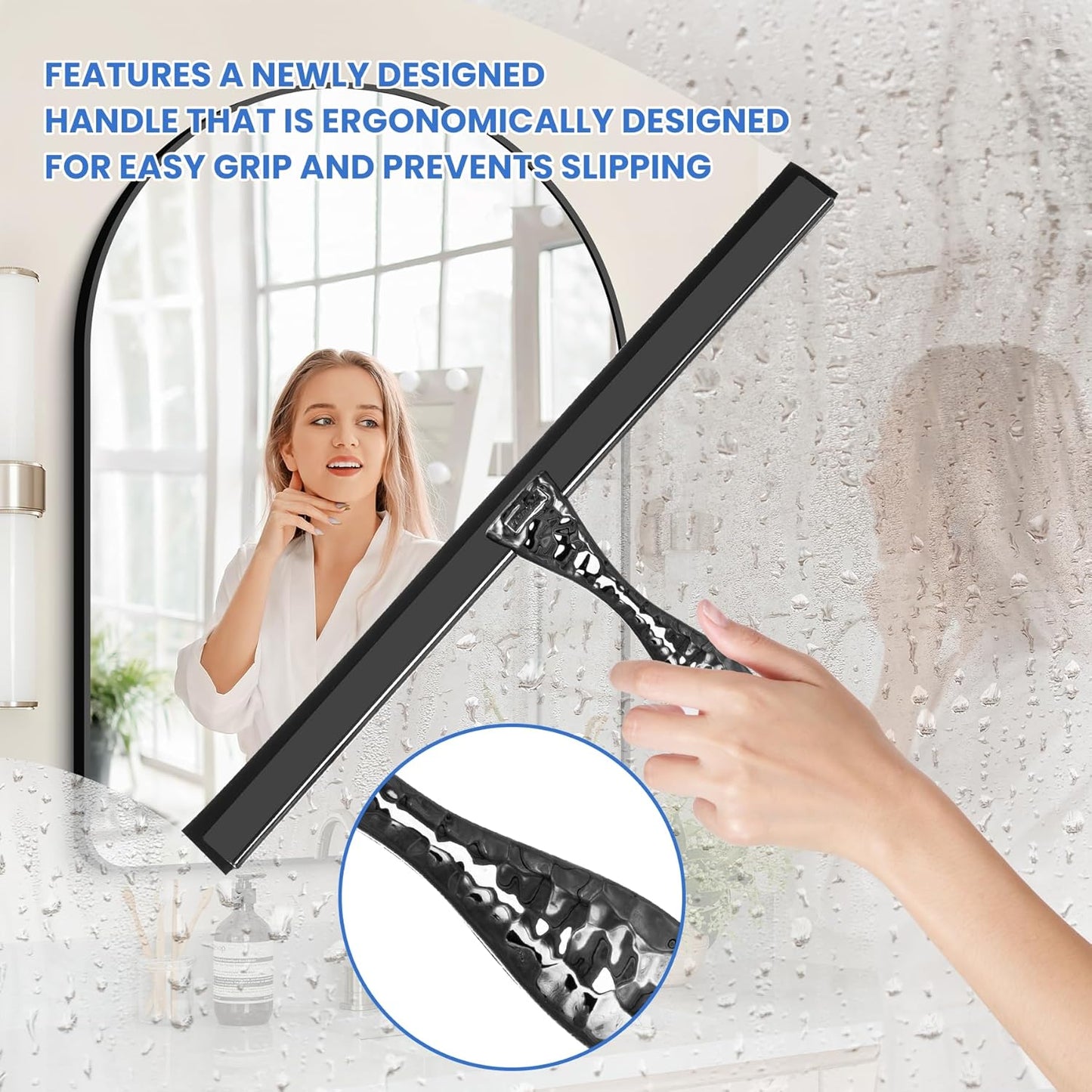 All-Purpose Silicone Shower Squeegee for Shower Glass Door,with 1 Hooks,for Bathroom Glass, Car, Tile Wall, Mirror Cleaning - Flower Shaped Handle for Easy-Grip 12 Inch Black