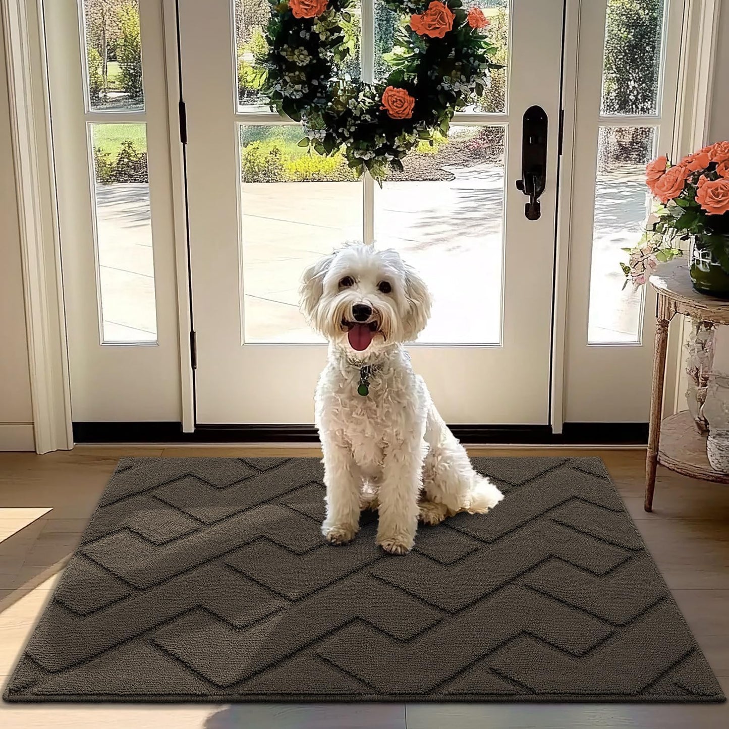 hicorfe Front Door Mat Outside Entrance,32"x40" Absorbent Muddy Dirt Resist Welcome Door Mats Outdoor Indoor,Stain and Fade Resistant,Non Slip Backing Entry Mat Doormat for Entryway(Latte)