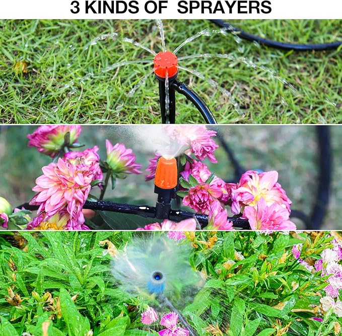 MIXC 226FT Greenhouse Micro Drip Irrigation Kit, Automatic Patio Plant Watering System with 1/4" & 1/2" Tubing, Adjustable Nozzles, Emitters, & Barbed Fittings for Efficient Irrigation