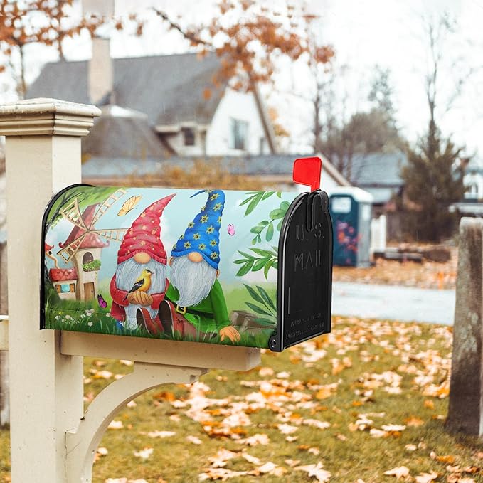 Sweet Gnome Mailbox Covers Magnetic Spring Gnomes Decorative Mailboxes Wraps Post Letter Box Cover Standard Size 21x18 Inch for Outdoor Garden Yard Home Decor Outside