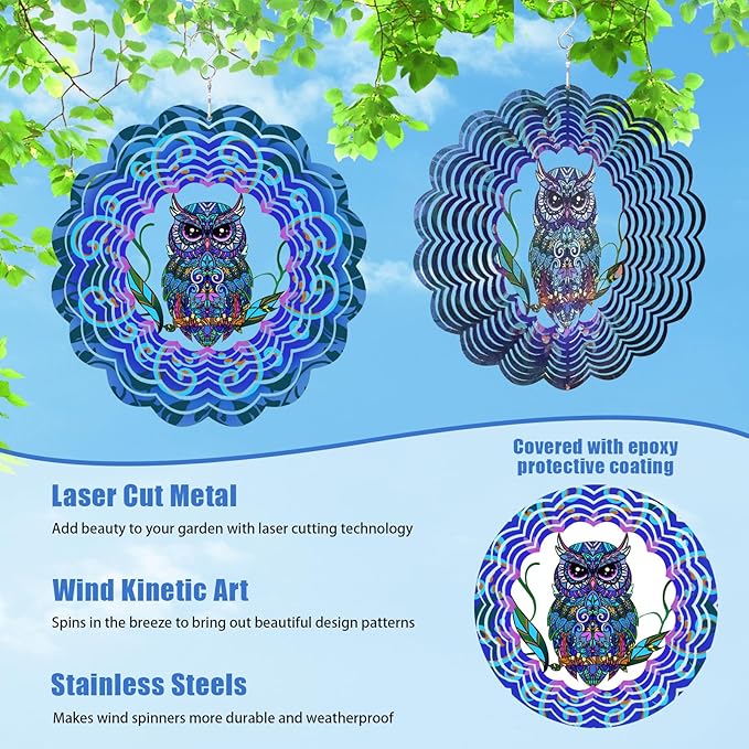Owl Metal Wind Spinners - Owl Gifts for Women Mom Grandma Wife, Hanging Wind Spinner for Outdoor & Indoor Decorations, 12 inch Wind Spinner for Christmas Ornament Gifts