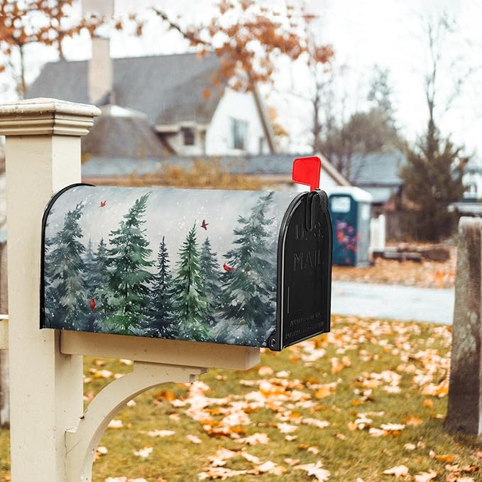 Winter Watercolor Tree Magnetic Mailbox Cover Large Size 25.5x21 Inch Christmas Dark Green Pine Trees Mail Box Post Cover Rustic Forest Red Bird Letter Box Wraps for Home Outdoor Garden Yard Decor
