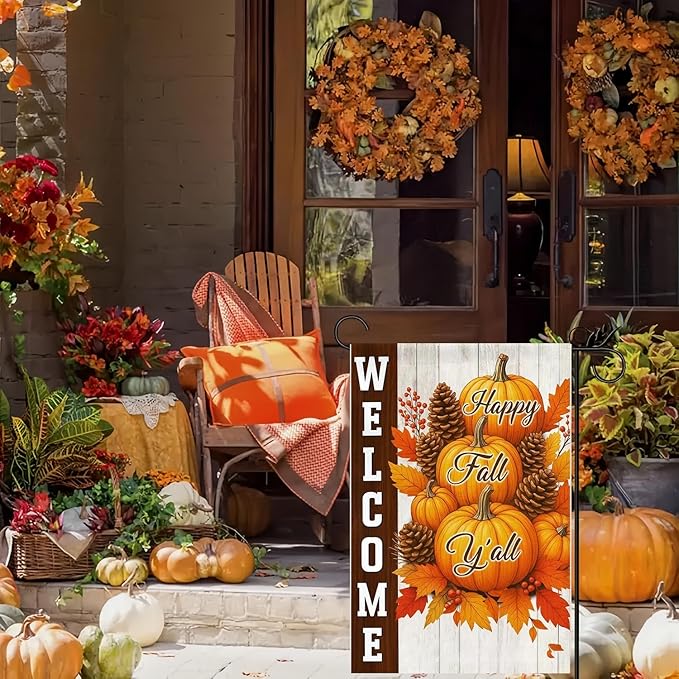 Garden Flag12X18 Inch Double Side,Welcome Pumpkin Fall Yard Flag, Small Garden Flag Outside Decorative,Outdoor Fall Flag for Holiday Patio Courtyard Lawn