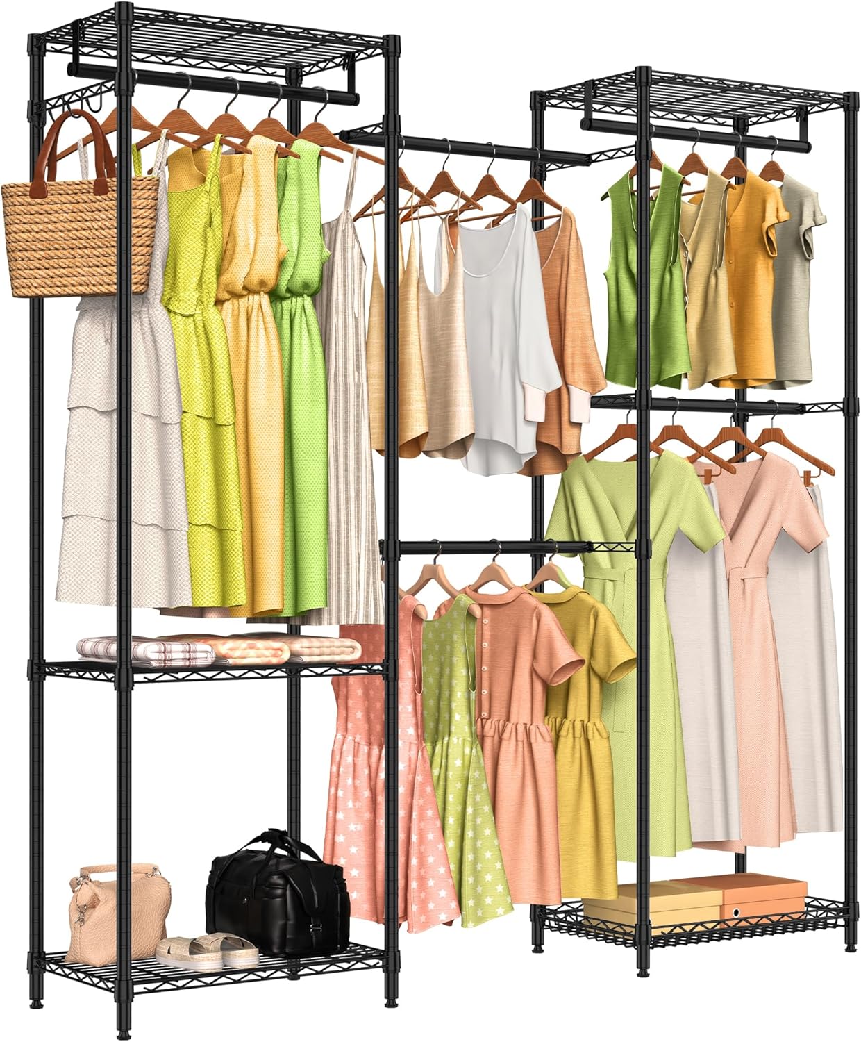 Heavy Duty Clothes Rack, Freestanding Garment Rack System Closet Organizer for Hanging Clothes, Metal Wire Clothing Rack with 5 Shelves & 5 Rods,Adjustable Wardrobe Shelf,Black