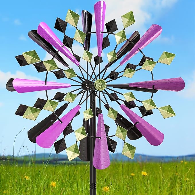 Large Wind Spinners Outdoor, 23.6" W x 79.4" H Metal Yard Wind Sculptures, 360 Degrees Kinetic Spinner Windmills Garden Art Decor Pinwheels for Outside Patio Lawn (Purple+Green)