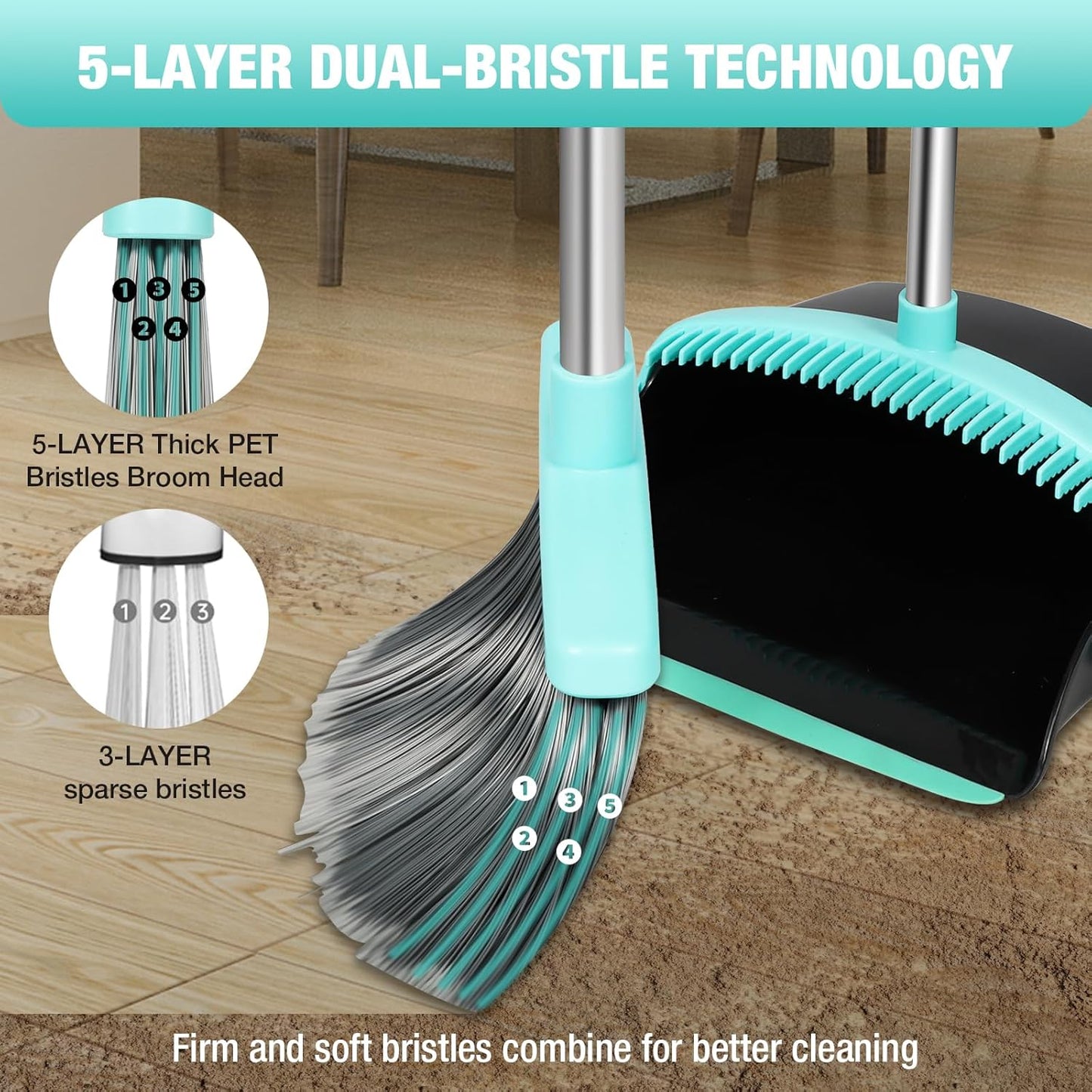 Broom with Dustpan Combo Set,Pet Hair Rubber Broom with Carpet Rake and Squeegee,Long Handle Broom with Upright Standing Dustpan for Indoor Cleaning (Broom and Rubber Broom)