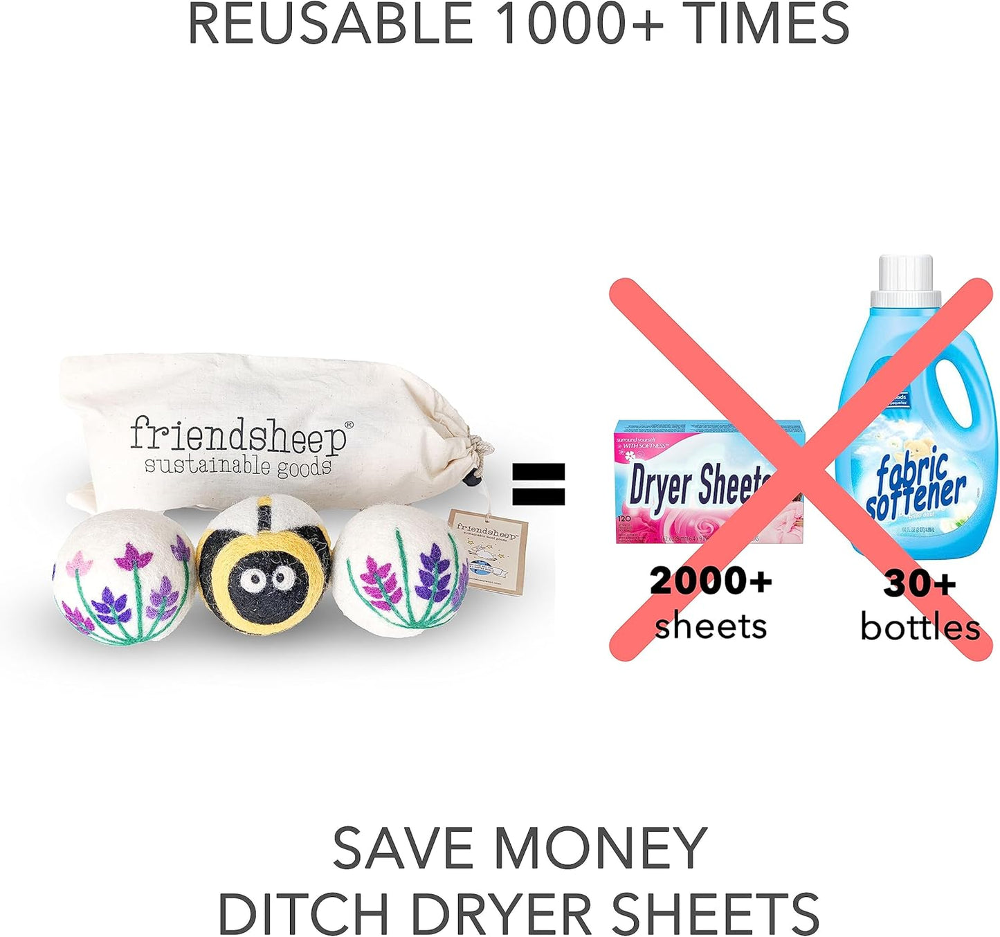 Friendsheep Wool Dryer Balls, Organic Reusable Fabric Softener Alternative for Laundry, Handmade, Fair Trade, Hypoallergenic, Eco-Friendly, Plastic-Free (3 Pack XL – Lavender Fields Bee Flower)