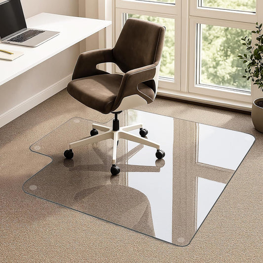 VSARHouse Irregular Tempered Glass Office Chair Mat with Lip, 53"x45" Glass Floor Mat for Carpets or Hard Floors, with Tabbed and Non-Slip Pads, Effortless Rolling, Thick 0.2"