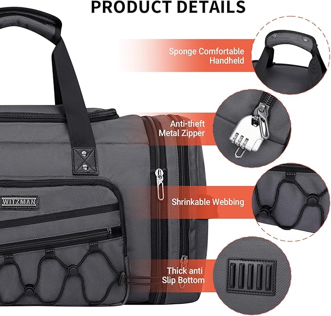 WITZMAN Duffle Bag for Men Nylon Large Gym Weekender Bag with Shoe Compartment Expandable Carry on Overnight Bag(B695 Silvery Grey)