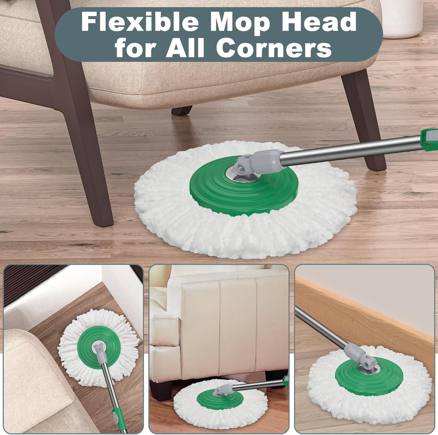 Dual Compartment Spin Mop and Bucket, Mop and Bucket with Wringer Set,360°Rotating Spinning Mopping for Floor Cleaning with 6 Microfiber Replacement Heads, 61" Extended Handle, 2X Wheel - Deep Green