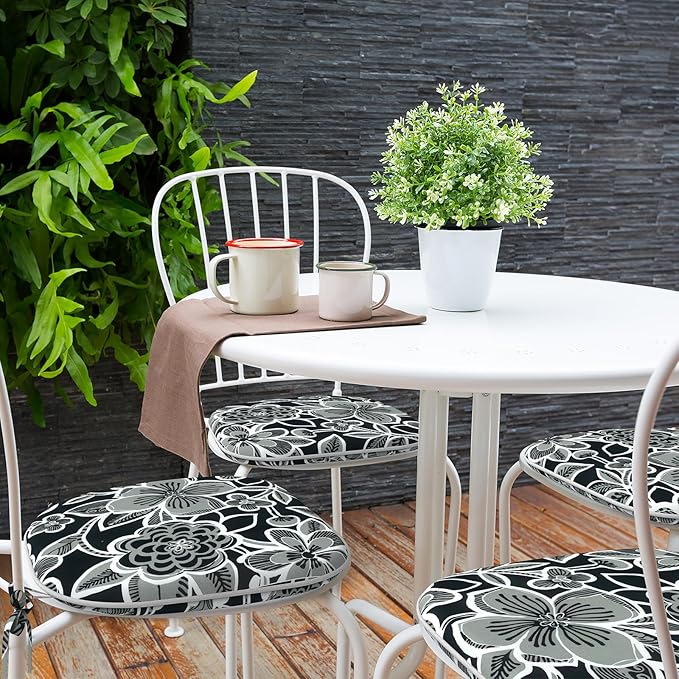 Indoor/Outdoor Chair Cushions 16x17 Inch, Patio Chair Cushions with Ties, All Weather Seat Cushions for Patio Furniture Home Garden Chair Use, Set of 4,Flower Black