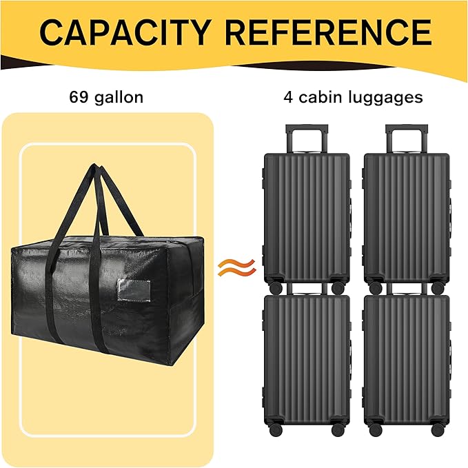 Heavy Duty Extra Large Moving Bags,69 Gallon Jumbo Packing Bags,Huge Moving Storage Bags with Strong Zippers & Carrying Handles,Reusable Big Moving Storage Bags for College Dorm Travel 1Pack