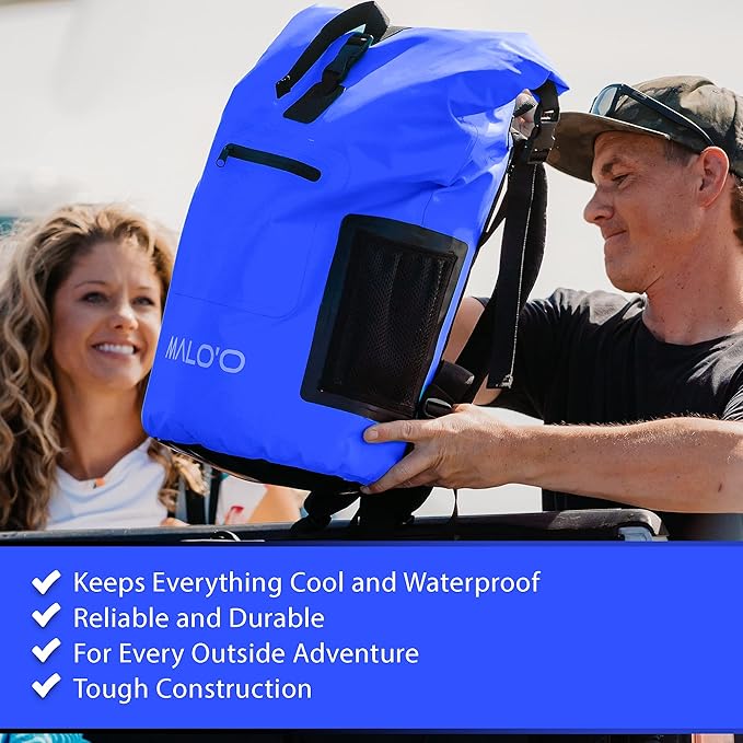 Malo'o Backpack Cooler Bag Holds 24 cans or 18 Bottles and ice - Roll-Top Soft Cooler for Kayaking, Camping, Beach, Fishing, Hiking Daypack & Travel Gear - Closed-Cell Insulation Cooler Backpack