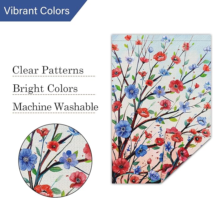 Louise Maelys 4 of July Garden Flag Red and Blue Floral Tree Us America 12x18 Inch Double Sided Stars and Stripes Small Burlap Yard Sign Outside Outdoor House Independence Day Decor