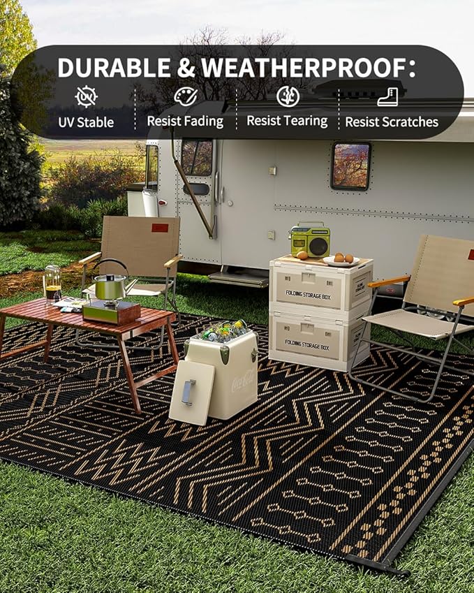 Outdoor Rug Carpet Waterproof 6x9 ft Patio Rug Mat Indoor Outdoor Area Rug for RV Camping Picnic Reversible Lightweight Plastic Straw Outside Rug for Patio Decor Decoration Boho Rug Black Brown