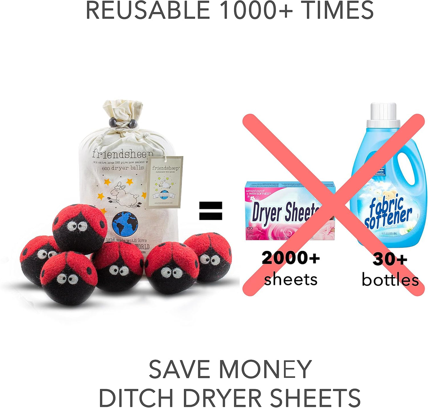 Friendsheep Wool Dryer Balls 6 Pack XL Organic Premium Reusable Cruelty Free Handmade Fair Trade No Lint Fabric Softener Ladybugs - Laundrybugs